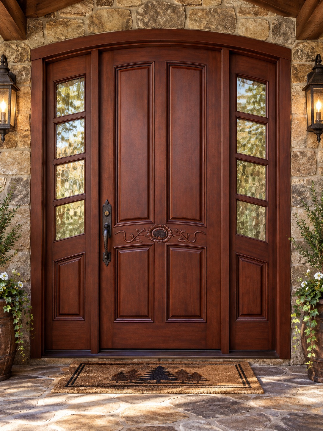 Custom solid mahogany arched front door set in a stone wall entryway, featuring raised wood panels, center floral woodcarving, textured glass sidelights, and oil-rubbed bronze door handle.