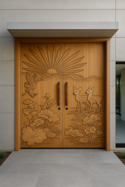Lotus $ Deer Carved Door
